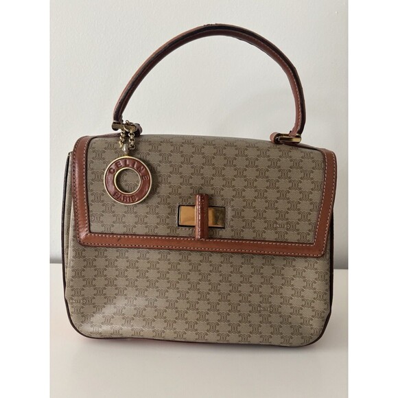 Celine Logo Macadam Pattern Hand Bag Leather Tan/Brown Crossbody Authentic Vtg - Picture 1 of 16